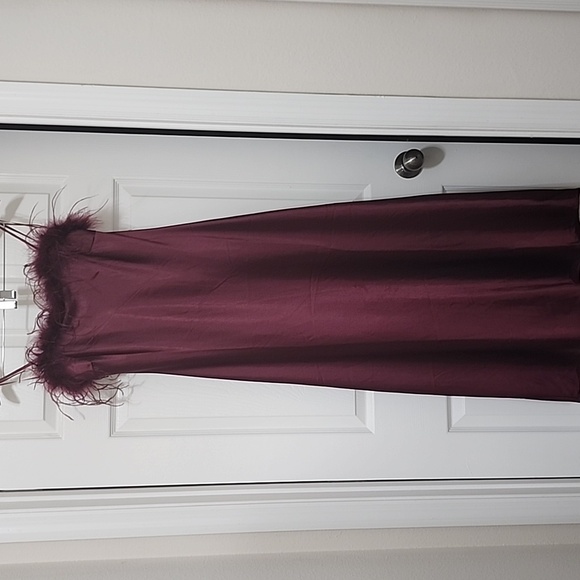 Maroon Satin dress with feathers - Picture 1 of 3